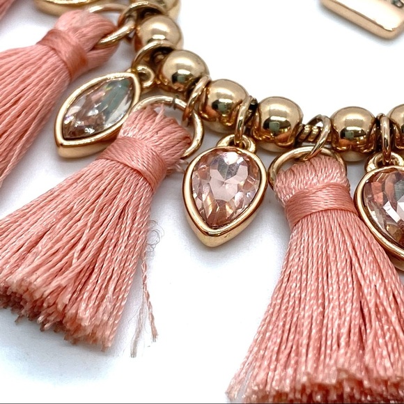 CHAPS Peach Cotton Tassels Necklace Goldtone Chain with Rhinestones - Picture 7 of 10